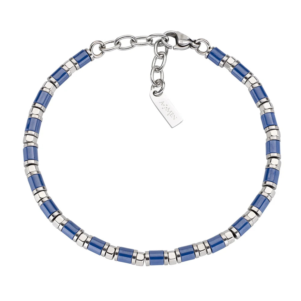 AMEN Bracciale Uomo in Acciaio e Ceramica Blu