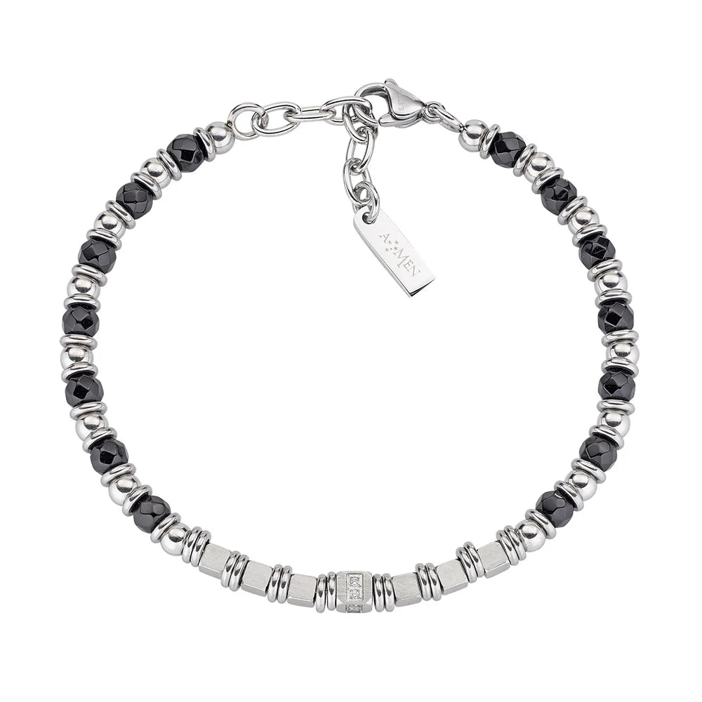 AMEN Bracciale Uomo in Acciaio, Onice e Zirconi Bianchi