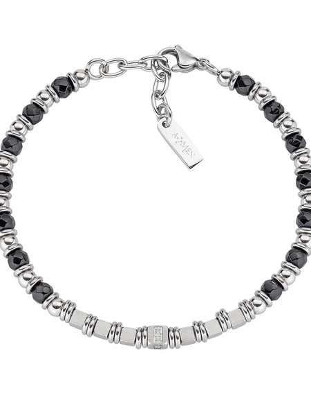AMEN Bracciale Uomo in Acciaio, Onice e Zirconi Bianchi