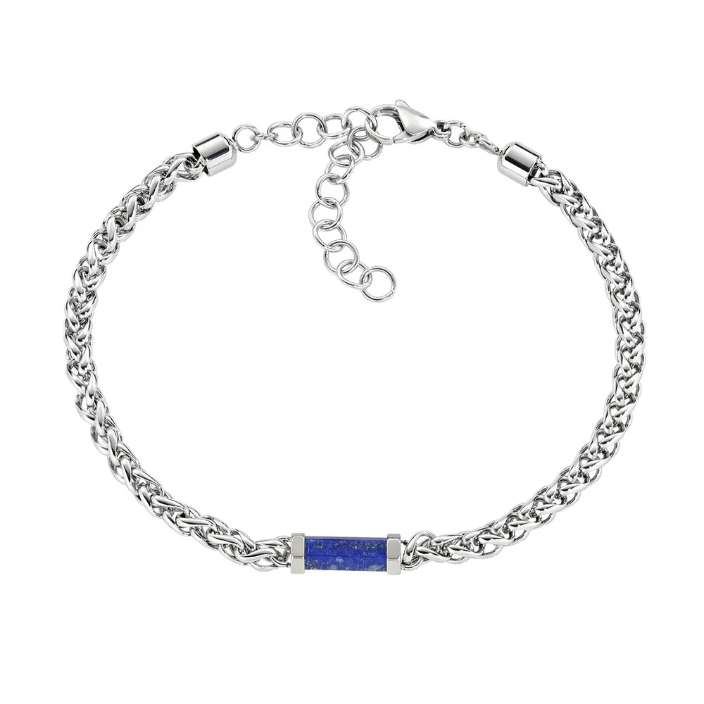 AMEN Bracciale Uomo Acciaio Catena a Corda con Agata Blu Centrale