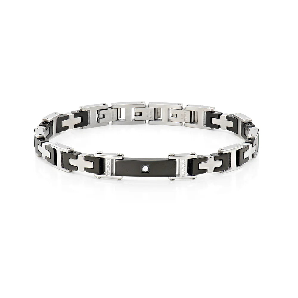 AMEN Bracciale Uomo Acciaio Maglie Bicolori con Zircone Centrale