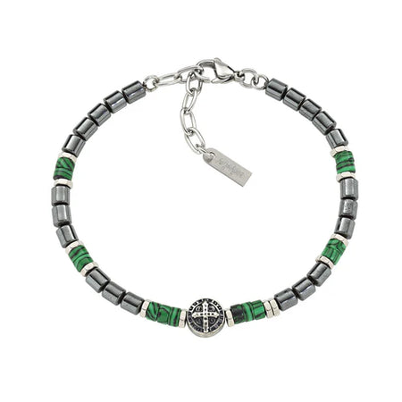 AMEN Bracciale Uomo in Acciaio con Croce di San Benedetto e Malachite
