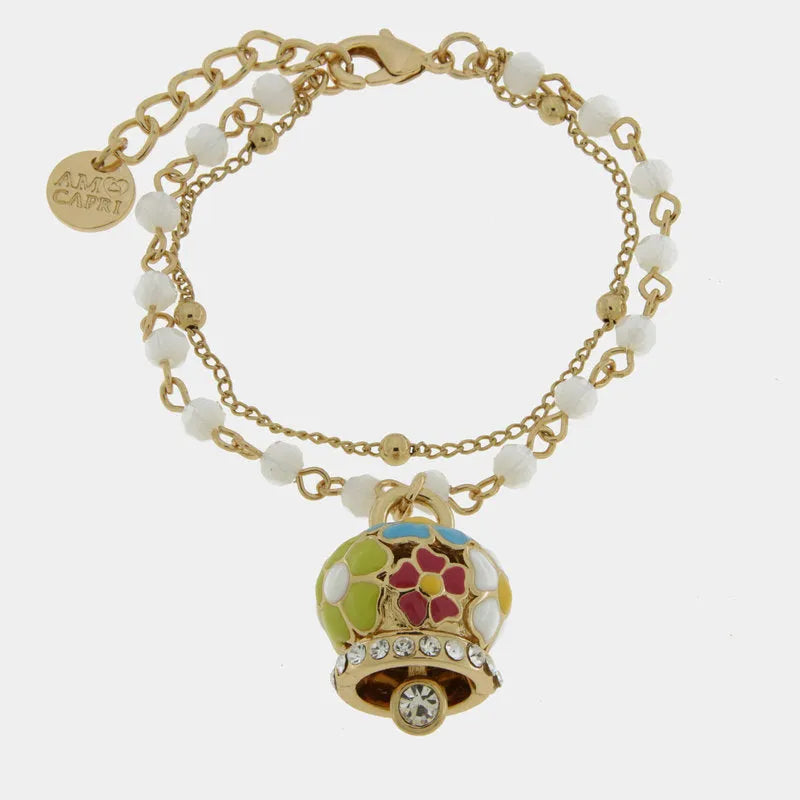 AMOCAPRI Bracciale in Metallo multifilo bianco con campana a fiori multicolor