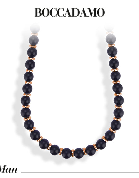 BOCCADAMO MAN Collana in acciaio con Agata nera ed elementi in PVD rosa