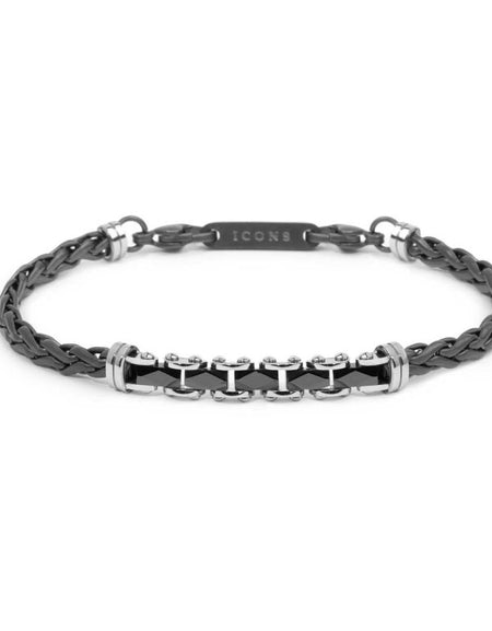 MARLÙ Bracciale uomo catena sonaglio piatta centrale con elementi in ceramica sfaccettata nera lucida