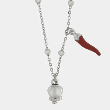 AMOCAPRI Collana in Acciaio con corno rosso pendente e campanella