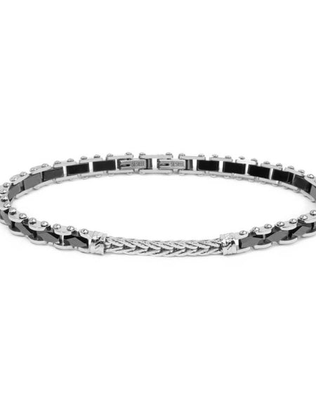 MARLÙ Bracciale uomo elementi ceramica sfaccettata nera lucida e centrale con catena foxtail piatta