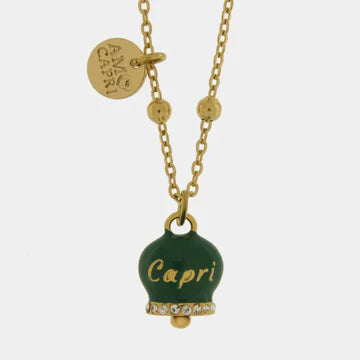 AMOCAPRI Collana in Acciaio con campanella verde scura con scritta Capri