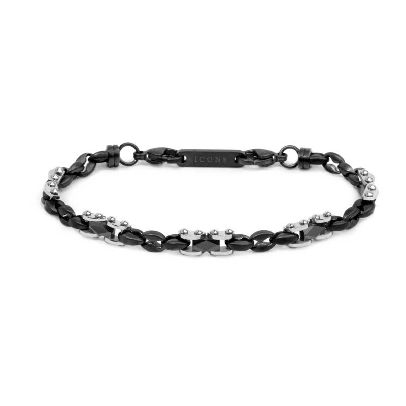 MARLÙ Bracciale uomo catena marine con elementi acciaio e ceramica sfaccettata nera lucida
