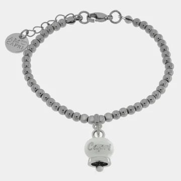 AMOCAPRI Bracciale in Acciaio con campanella pendente bianca con scritta Capri