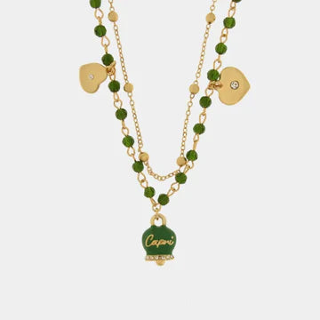 AMOCAPRI Collana in Metallo multifilo con campanella e pietre verdi
