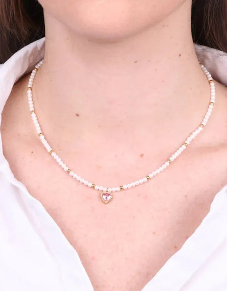 COEUR DE MER Collana in Acciaio con giro di perle e cuore rosa