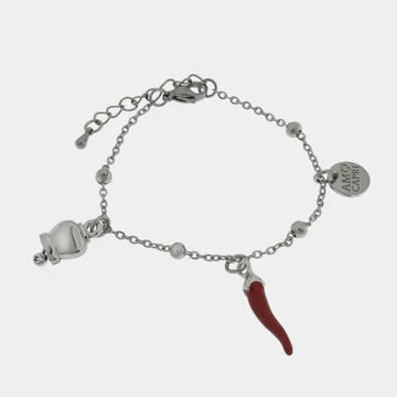 AMOCAPRI Bracciale in Acciaio con cornetto rosso pendente e campanella portafortuna con punto luce