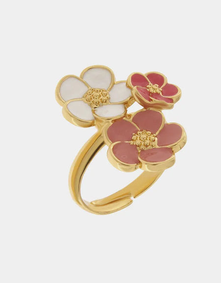 AMOCAPRI Anello in Metallo con tre fiori di colore rosa antico, bianco e rosso