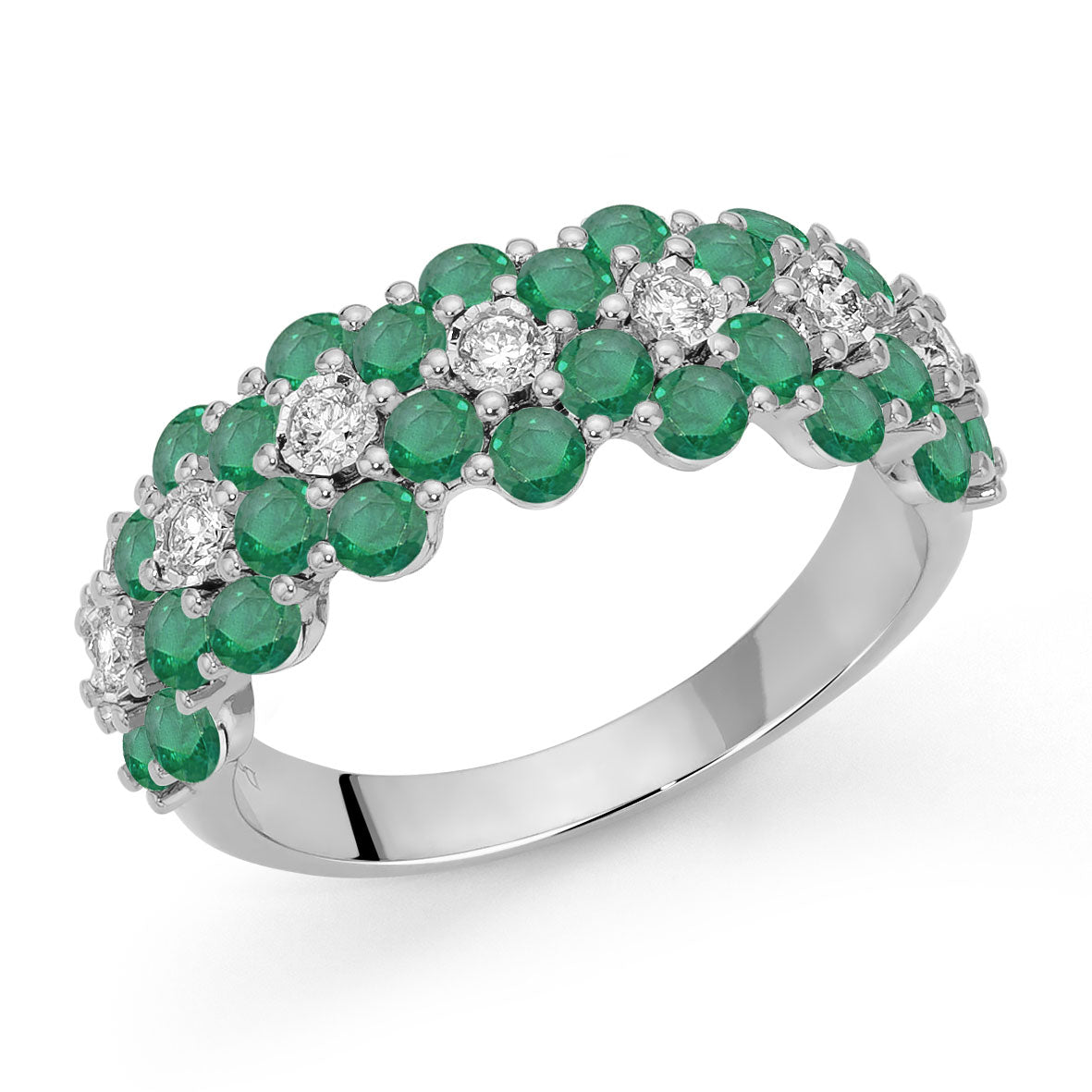 DONNAORO Anello Fascia Fantasia di Fiori con Smeraldi e Diamanti in Oro Bianco 18kt