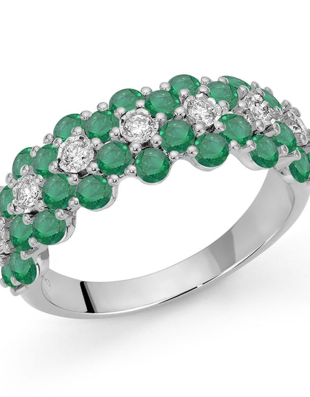 DONNAORO Anello Fascia Fantasia di Fiori con Smeraldi e Diamanti in Oro Bianco 18kt