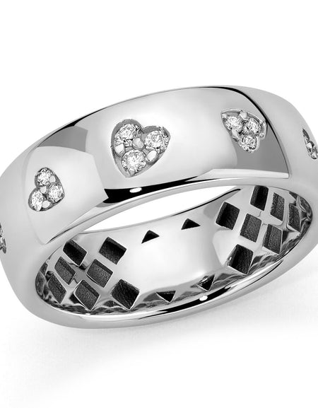 DonnaOro Anello Donna Essenza a Fascia con cuoricini di Diamanti in Oro Bianco 18kt