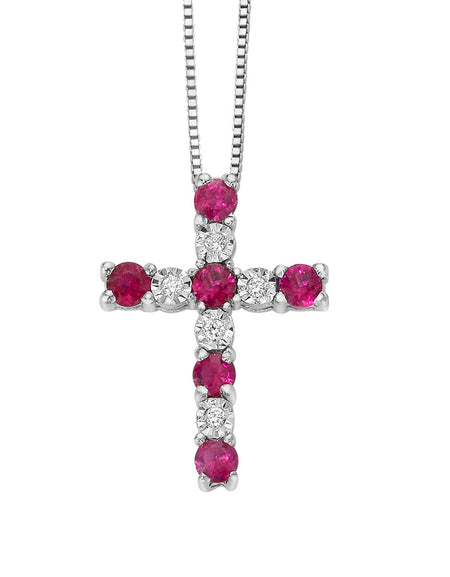 Collana DonnaOro INTENSA con Croce in Oro Bianco 18kt, Diamanti e Rubini