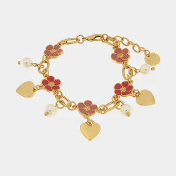 AMOCAPRI Bracciale in Metallo con fiori fucsia e cuori pendenti