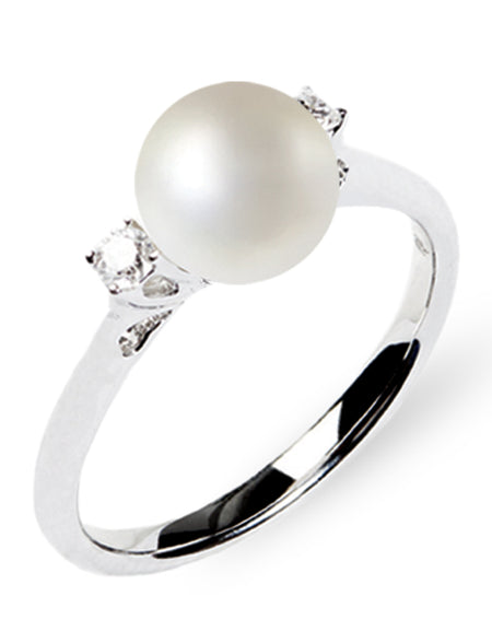 LUCE DI DONNAORO Anello Perla 6-6.5mm e Diamanti 0.04ct in Oro Bianco 18kt