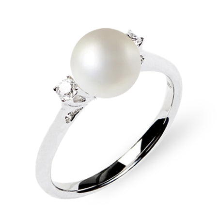 LUCE DI DONNAORO Anello Perla 6-6.5mm e Diamanti 0.04ct in Oro Bianco 18kt