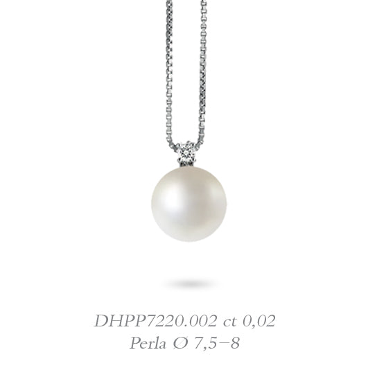 LUCE DI DONNAORO Collana Pendente Perla 7.5-8mm e Diamante in Oro Bianco 18kt