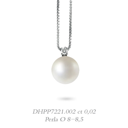 LUCE DI DONNAORO Collana Pendente Perla 8-8.5mm e Diamante in Oro Bianco 18kt