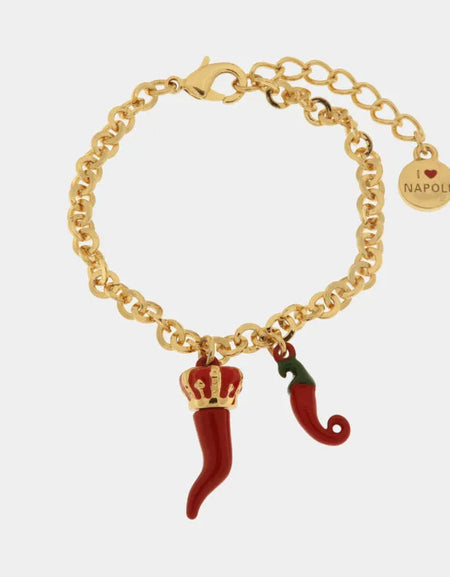 AMONAPOLI Bracciale in Metallo con cornetti portafortuna in smalto rosso