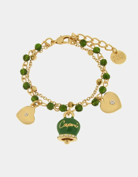 AMOCAPRI Bracciale in Metallo multifilo con campanella e pietre verdi