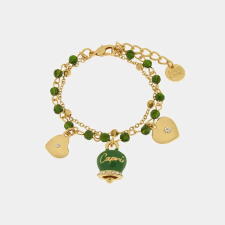AMOCAPRI Bracciale in Metallo multifilo con campanella e pietre verdi