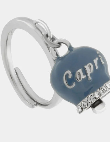 AMOCAPRI Anello in Acciaio con campanella blu cobalto con scritta Capri