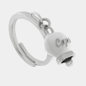 AMOCAPRI Anello in Acciaio con campanella pendente bianca con scritta Capri