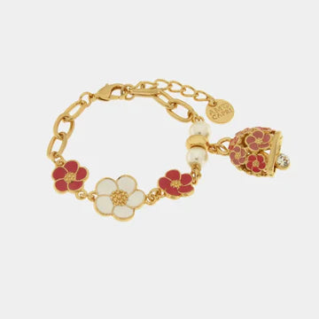 AMOCAPRI Bracciale in Metallo con campanella e fiori rosa e bianchi