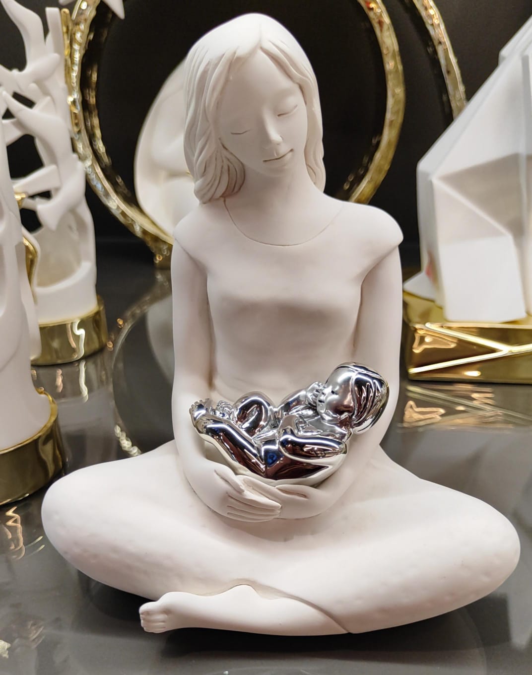 STATUINA MATERNITA SEDUTA BAMBINO ARGENTO H18 CM BONGELLI PREZIOSI