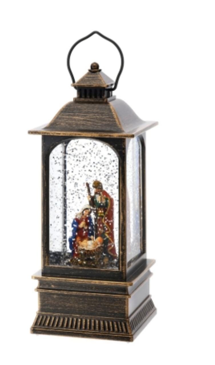 HERVIT LANTERNA NATIVITA' ACQUA/NEVE 8X8X20CM BRONZO C/MUSICA E LUCE LED A BATTERIA SCAT.REG.