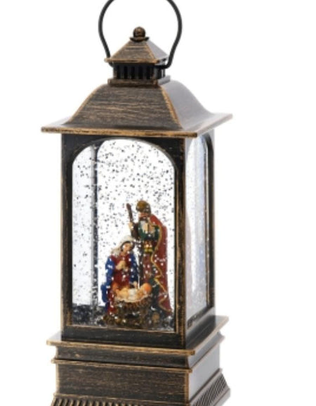 HERVIT LANTERNA NATIVITA' ACQUA/NEVE 8X8X20CM BRONZO C/MUSICA E LUCE LED A BATTERIA SCAT.REG.