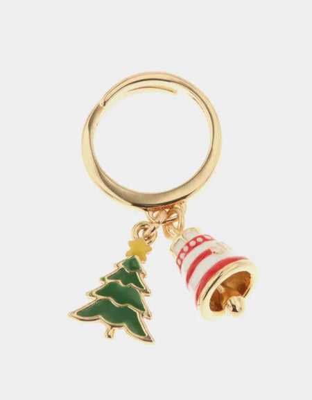 Anello in Metallo con pendente a forma di albero di natale e campanella portafortuna natalizia BYSIMON