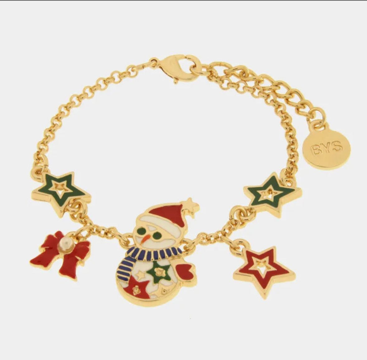 Bracciale in Metallo pupazzo di neve, stelle e fiocco rosso BYSIMON
