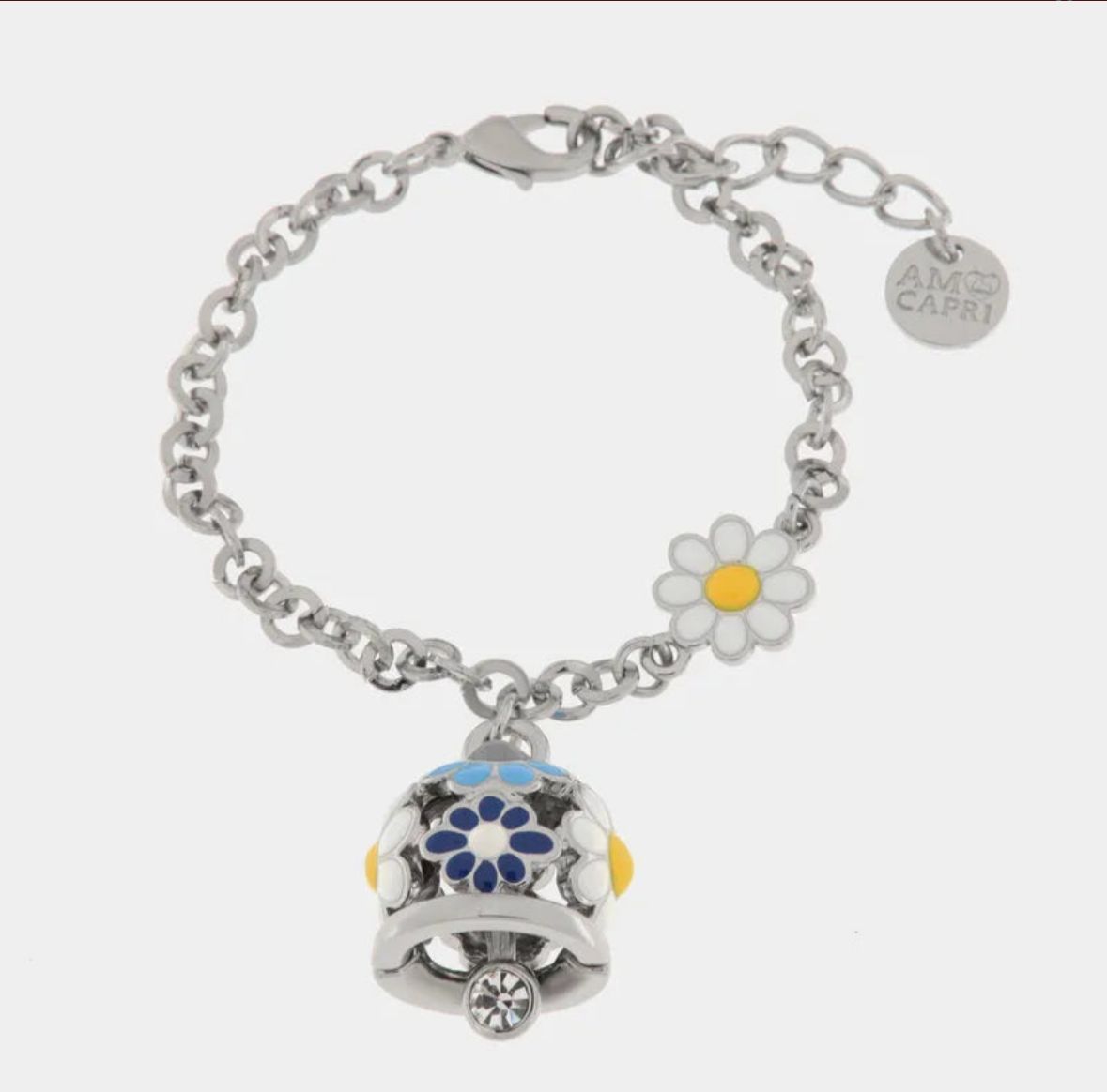 Bracciale in Metallo con campanella e margherite blu e bianche AMOCAPRI