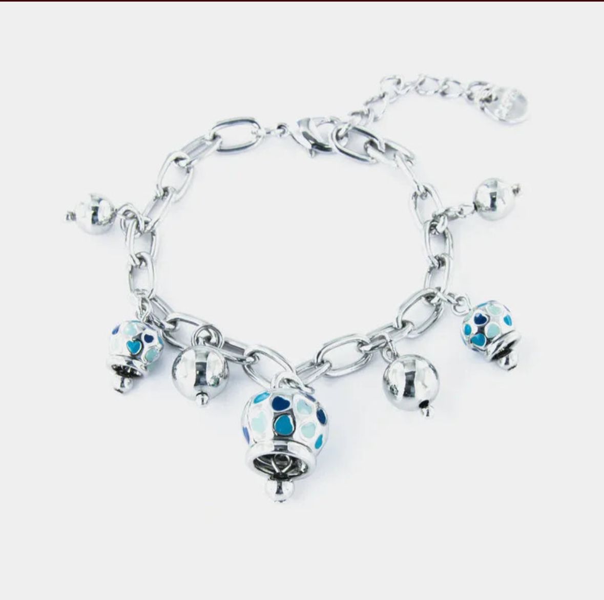 Bracciale in Metallo con campanelle pendenti a trama cuori impreziositi da smalti nelle tonalità delll'azzurro AMOCAPRI