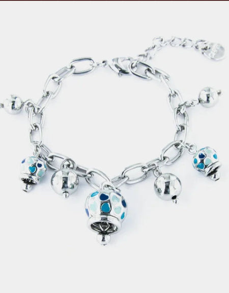 Bracciale in Metallo con campanelle pendenti a trama cuori impreziositi da smalti nelle tonalità delll'azzurro AMOCAPRI