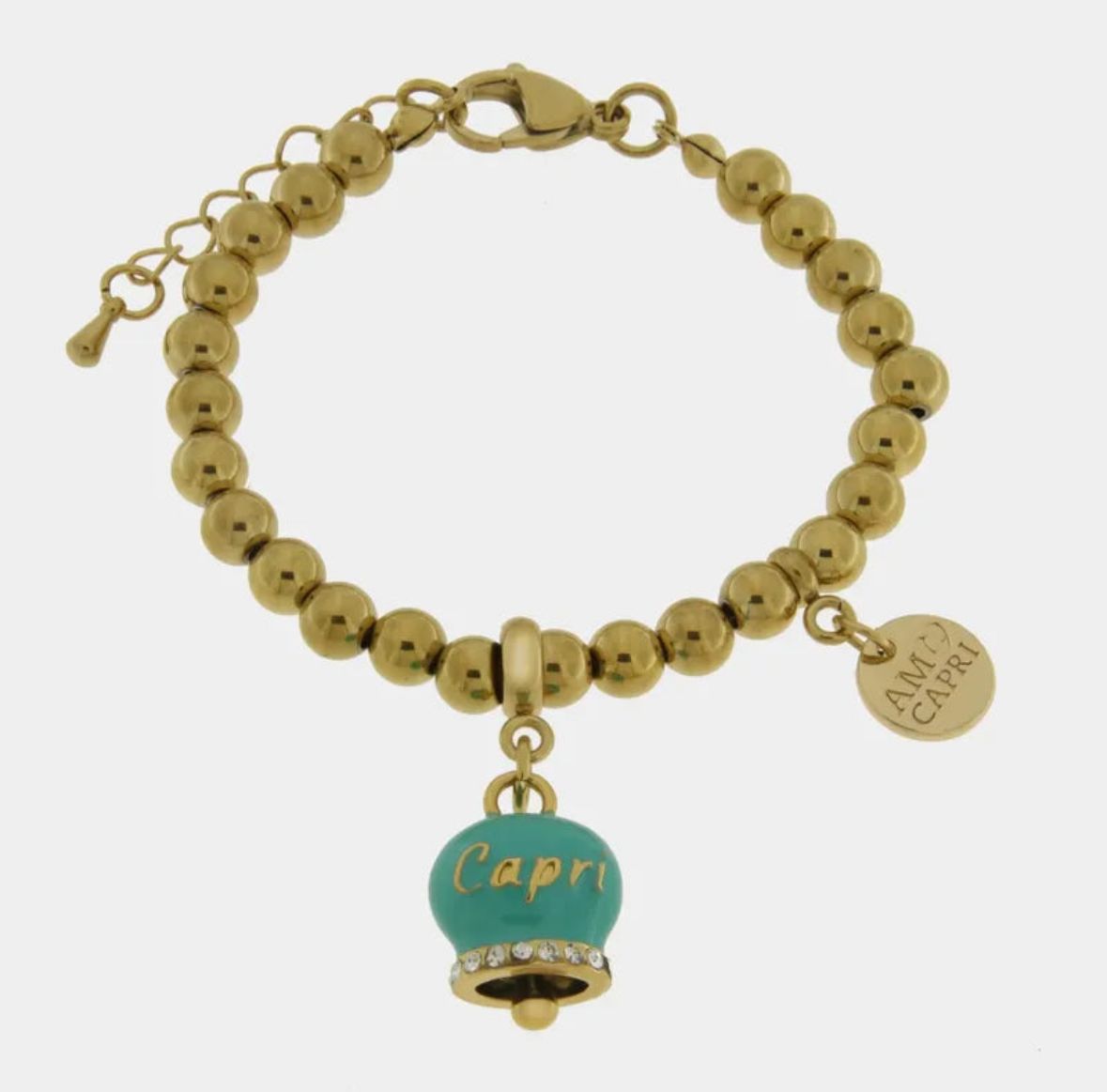 Bracciale in Acciaio con campanella verde con scritta Capri AMOCAPRI