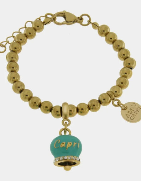 Bracciale in Acciaio con campanella verde con scritta Capri AMOCAPRI