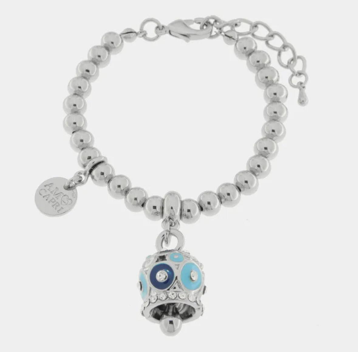 Bracciale in Metallo con campanella a pois blu e azzurro e zirconi