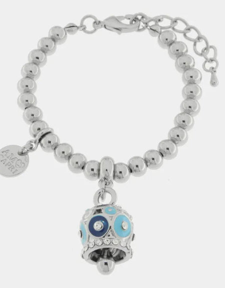Bracciale in Metallo con campanella a pois blu e azzurro e zirconi
