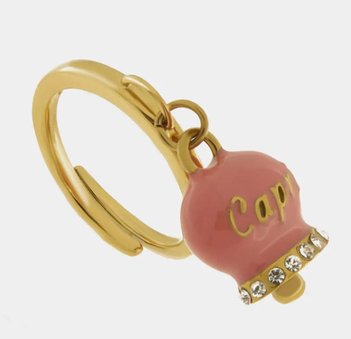 Anello in Acciaio con campanella rosa con scritta Capri AMOCAPRI