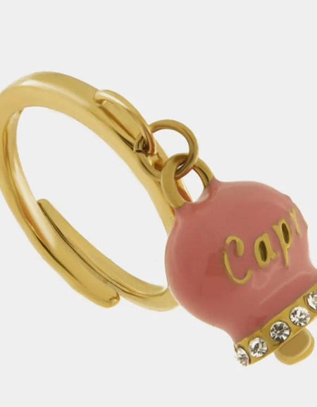 Anello in Acciaio con campanella rosa con scritta Capri AMOCAPRI
