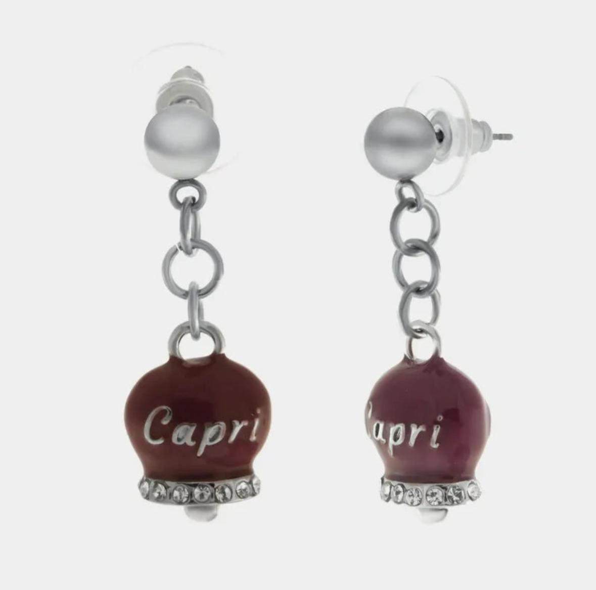 Orecchini in Acciaio con campanella borgogna con scritta Capri AMOCAPRI