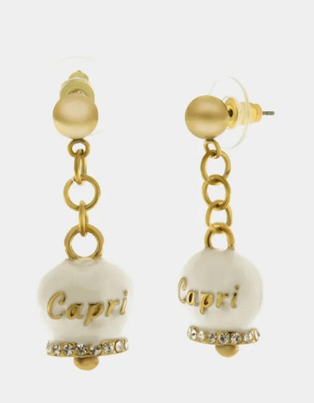 Orecchini in Acciaio con campanella bianca e oro con scritta Capri AMOCAPRI