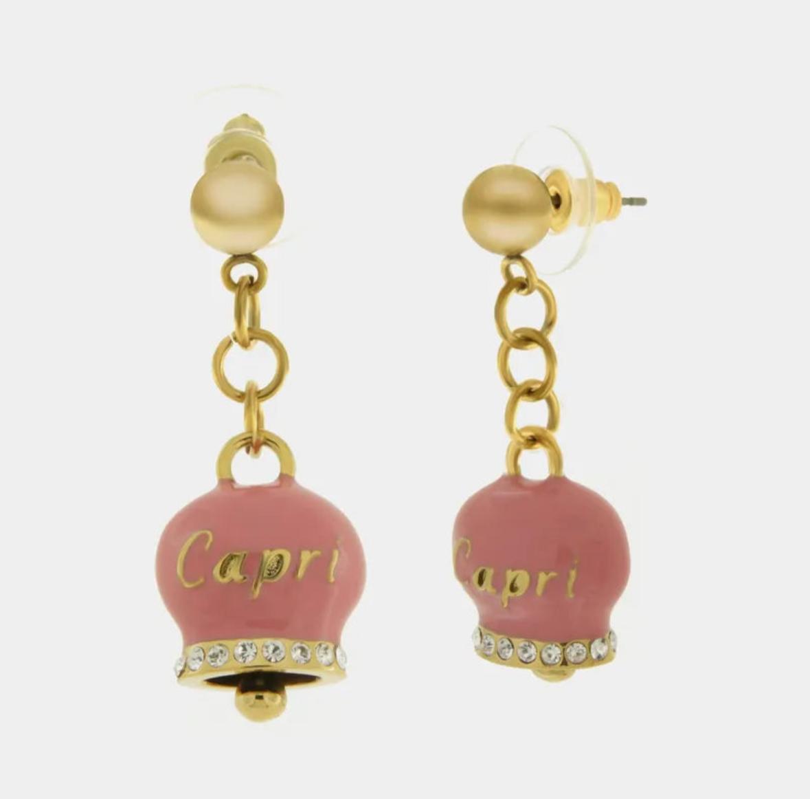 Orecchini in Acciaio con campanella rosa con scritta Capri AMOCAPRI